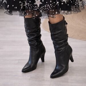 Elegant Black Heeled Boots leather genuine Italian size 40 will fit 7.5-8 fringe